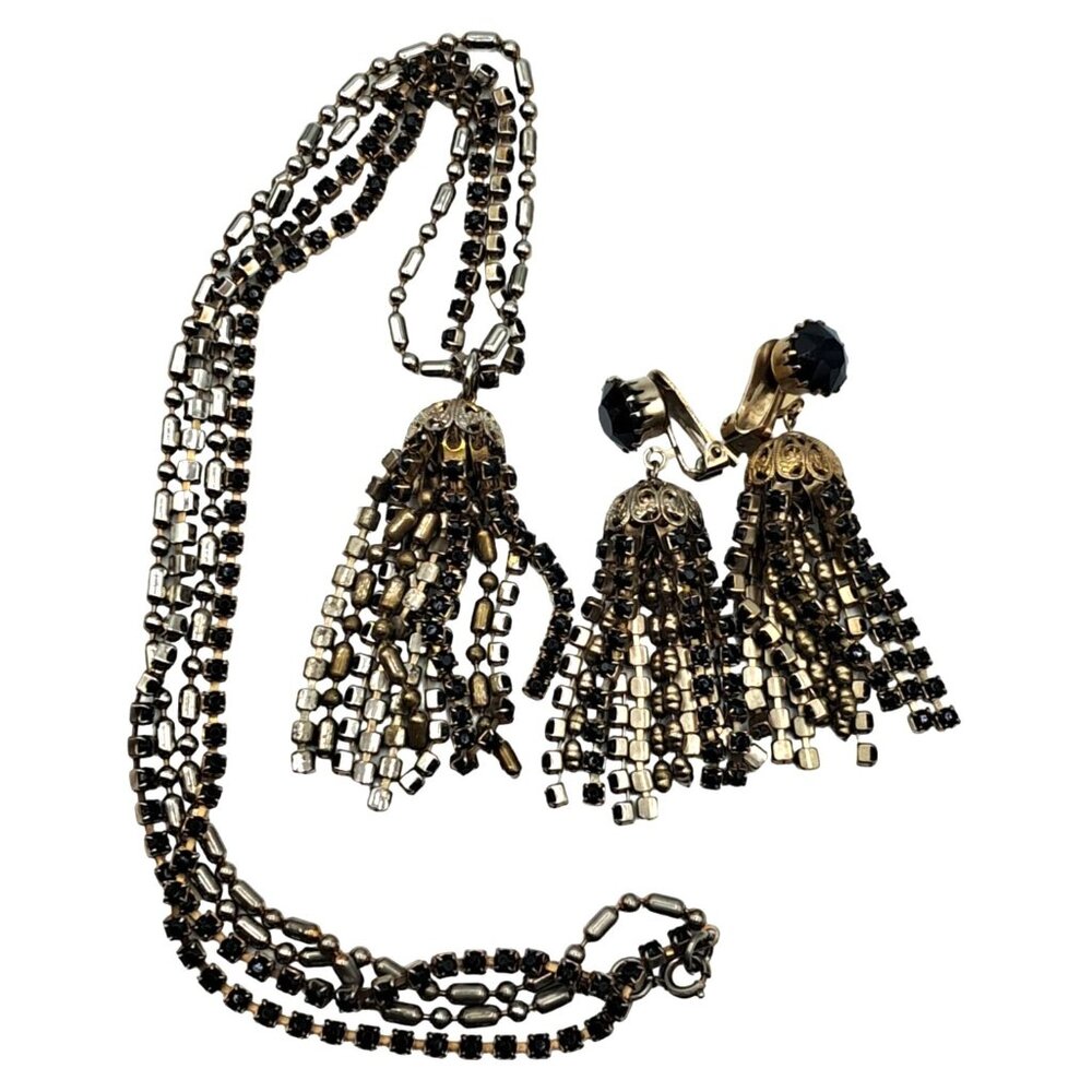 Vintage Weiss Necklace Earrings Set Black Rhinestones Tassel Long Dangling Chain - Picture 4 of 9